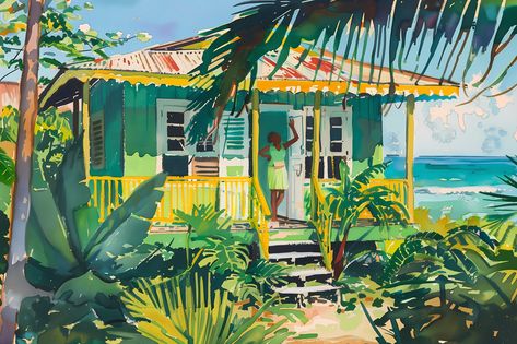 Caribbean House Print Green Painted Wooden Island House Grenada St Lucia Jamaica or Dominica by WestIndiesArtCo on Etsy Caribbean House, Case Creole, Wooden Island, Caribbean Homes, House Print, Caribbean Art, Backyard Renovations, Human Figure Drawing, Island House