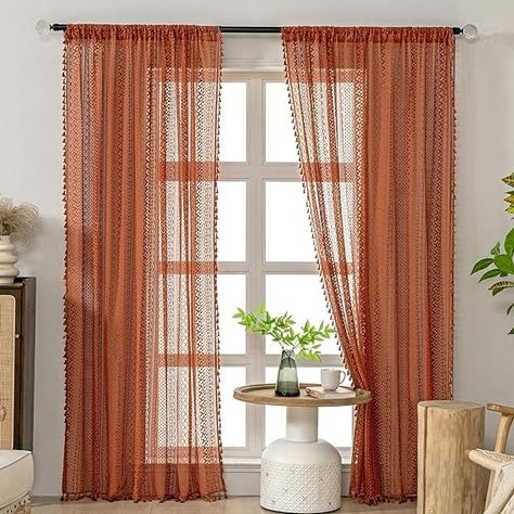 Amazon.com: WAZZIO Cotton Crochet Lace Boho Curtains 2 Panel Rustic Burnt Orange Sheer Curtains 84 Inches Long Rod Pocket Rust Tassel Geometric Light Filtering Terracotta Curtains Bedroom Living Room Drapes : Home & Kitchen Terracotta Curtains, Orange Sheer Curtains, Burnt Orange Curtains, Fall Curtains, Sheers Curtains Living Room, Cafe Curtain Rods, Orange Curtains, Geometric Light, Living Room Drapes