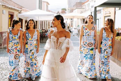 Mediterranean Wedding Bridesmaids, Mediterranean Blue Wedding, Spanish Bridesmaids, Mediterranean Wedding Dress, Wedding Bridesmaids Dresses Blue, Mediterranean Wedding, Bride And Bridesmaids, Tuscan Wedding, Bridesmaids Dress