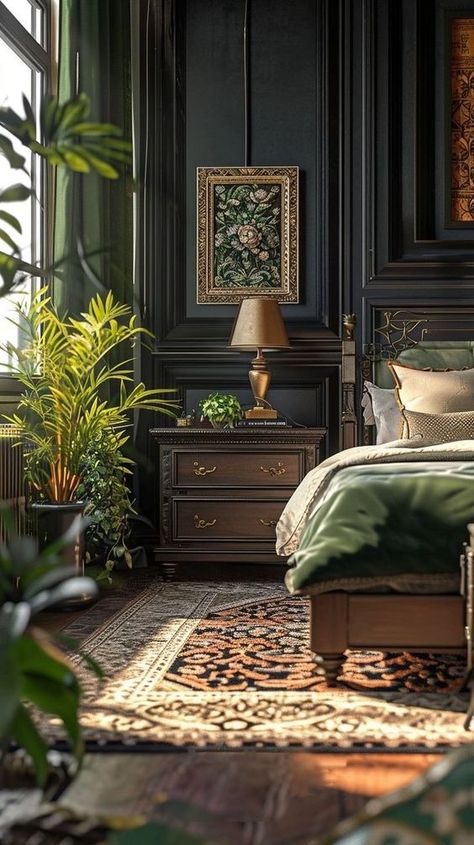 Parisian Master Bedrooms Decor, Dark Academia Bedroom Green, Modern Victorian Homes Interior, Modern Victorian Bedroom, Gorgeous Homes, European Home Decor, Green Walls, Bedroom Modern, Hus Inspiration