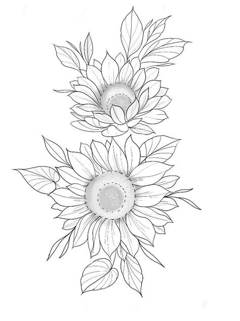 Rose And Sunflower Tattoo Stencil, Sunflower Drawing Outline, Sunflower Flash Tattoo, Sunflower Outline Tattoo, Stencil Sunflower, Sunflower Tattoo Stencil, Sunflower Outline, Sunflower Sketch, Chest Tattoo Stencils