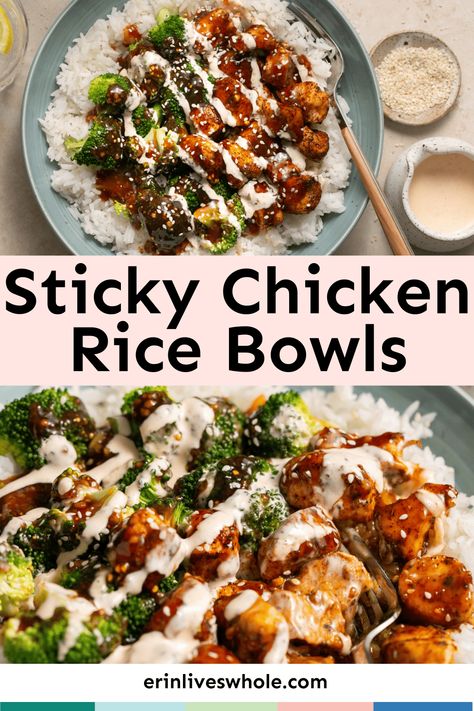 Fill up on satisfying protein and flavor with these Sticky Chicken Rice Bowls. Between the bowl base, the delicious sticky sauce, and the spicy mayo drizzle, you can expect this to become your new favorite meal. Sticky Sauce, Healthy Bowls Recipes, Chicken Rice Bowls, Sticky Chicken, Rice Bowls Recipes, Spicy Mayo, Healthy Bowls, Lost 100 Pounds, Health Dinner Recipes