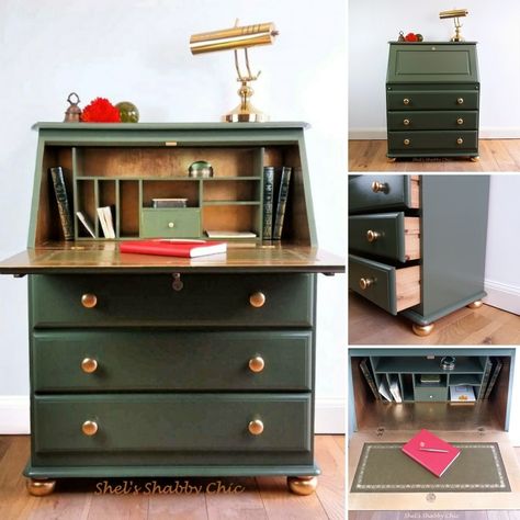 Stunning upcycled writing bureau, solid pine with drawers to the floor, so much storage.  Deep olive green with gold leaf details.  Quite a statement! Bureau Upcycle, Secretary Desk Makeover, Unique Bedside Tables, Painted Furniture For Sale, Vintage Writing Desk, Writing Bureau, Vintage Painted Furniture, Antique Writing Desk, Upcycled Furniture Diy