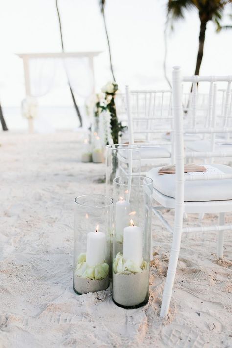 candle lit ceremony aisle decor Beach Wedding Aisle, Beach Wedding Candles, Ceremony Aisle Decor, Aisle Candles, Candle Lit Ceremony, Aruba Weddings, Beach Wedding Aisles, Beach Wedding Decorations Reception, Simple Beach Wedding