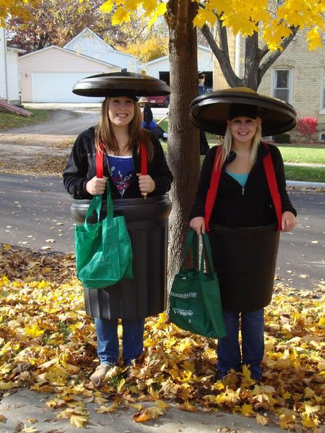 Funny and easy costume. I was a garbage can more than once over the years for Halloween. Had a lot of great laughs and compliments! (White trash) Here's a pic of me and my BFF ( that's me on the right!) Trash Can Halloween Costume, Trash Costume Diy, Trash Bag Halloween Costume, Diy Trash Can Costume, Garbage Can Costume, Trash Bag Costume, Garbage Costume, Trash Can Costume, Trash Costume