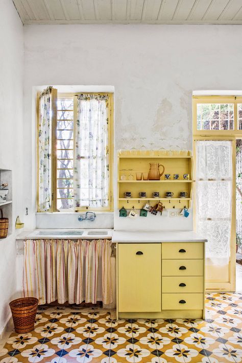 Andros Greece, Sink Skirt, Greece Pictures, Lemon Kitchen, Colorful Space, Feature Tiles, Cozy Apartment, Open Shelving, A Kitchen