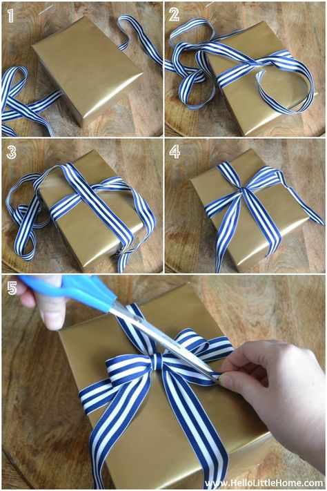 Present Wrapping Tips: How to Tie a Bow | Hello Little Home #giftwrap #Christmas #holidays Ribbon On Presents, Bows For Presents, Wrapping Tips, Cute Gift Wrapping Ideas, Pretty Gift Wrapping Ideas, Package Bows, Gift Wrapping Techniques, How To Tie Ribbon, Gift Wrapping Inspiration