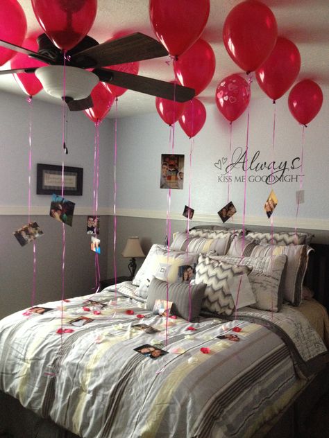 14 balloons. Each one has a picture of us and the memory behind it. I found everything at zurchers! #valentinesday #ideasforhim #bedroomdecorated #balloons #memories Ballon With Pictures Attached, Pictures On Balloon Strings, Simple Hotel Room Birthday Decor, Balloon With Pictures Hanging, Pictures Hanging From Balloons, Balloons With Pictures Attached, Birthday Room Surprise, Balloon Room, Romantic Dinner Decoration