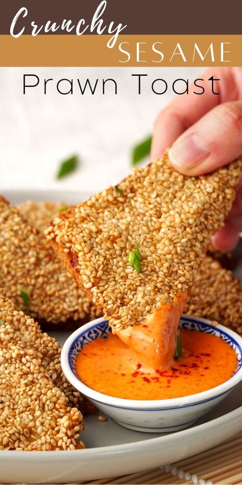 hand holding the sesame prawn toast and dipping in the spicy mayonnaise. Prawn Sesame Toast, Prawn Breakfast, Prawn Toast Recipe Airfryer, Chinese Prawns, Prawn Toast Recipe, Prawns Appetizers, Ramadan Meals, Chinese Banquet, Prawn Toast