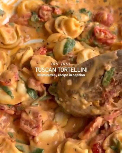 Daily Recipes on Instagram: "Which of these #recipes by @sara.haven would you love to try - 1 or 2? 😍 

1️⃣ CREAMY TUSCAN TORTELLINI
1 shallot, diced • 1.5  cups cherry tomatoes • 1/2 cup roasted red peppers • 1 tbsp. tomato paste • 1 tsp salt • 2 tsp. italian seasoning • 1/2 tsp. garlic powder 3/4 cup cream • 1/2 cup parmesan • 1-2 cups chopped spinach • 2 cups cooked cheese tortellini

optional: 1/2 tsp. red pepper flakes

1) heat 1 tbsp. olive oil in a large skillet over medium-low heat; add shallot and saute for 1-2 minutes, until softened. toss in tomatoes and cook 8-10 minutes, or until softened
2) add red peppers, tomato paste, spices and cream. stir until well incorporated 
3) add parmesan, tortellini, and spinach. let simmer for a few minutes and sprinkle with more parmesan befor Cooked Cheese, Sara Stewart, Sara Haven, Creamy Tomato Tortellini, Tomato Tortellini, Idee Pasto, Healthy Food Dishes, Cheese Tortellini, Makanan Diet