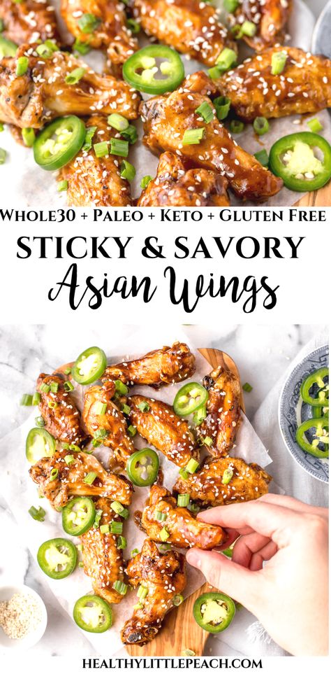 Asian Sticky Chicken, Asian Wings, Asian Chicken Wings, Sticky Chicken Wings, Paleo Appetizers, Whole30 Keto, Sticky Chicken, Keto Paleo, Recipe 30