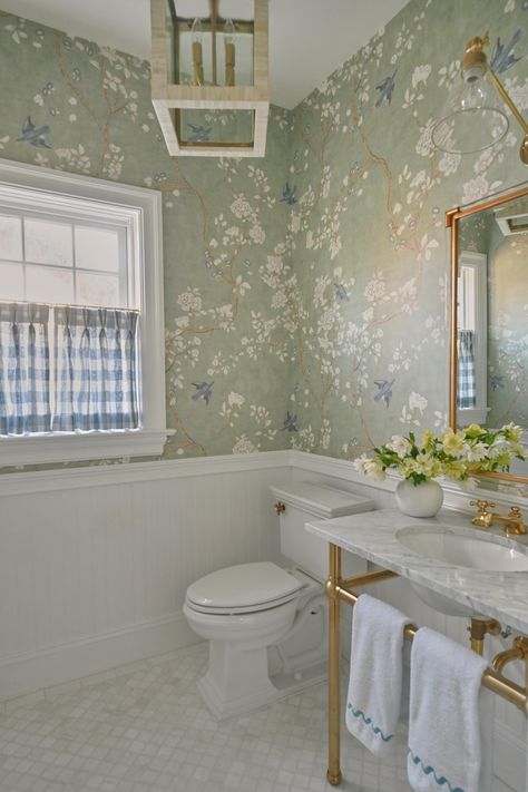 Portfolio — Novel Abode Interiors Bathroom With Wallpaper And Tile, Bathroom Accent Wall Wallpaper, Small Traditional Bathroom, Wallpaper Powder Bath, Wallpaper Bathrooms, Floral Wallpaper Bathroom, Charming Bathroom, Bathroom Accent Wall, Powder Room Decor