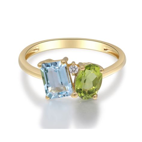 Helzberg Diamonds Blue Topaz, Peridot And Diamond Toi Et Moi Ring In 10k Yellow Gold Size 6 Description This Alluring Toi Et Moi Ring Features One Emerald Cut Blue Topaz, One Oval Peridot And One Brilliant Cut Diamond Accent In A Glistening 10k Yellow Gold Setting. Peridot Ring Gold, Dual Birthstone Ring, Stone Ring Design, Birthstone Engagement Rings, Peridot Engagement Rings, August Birthstone Ring, Radiant Engagement Rings, Blue Topaz Engagement Ring, Multi Gemstone Ring