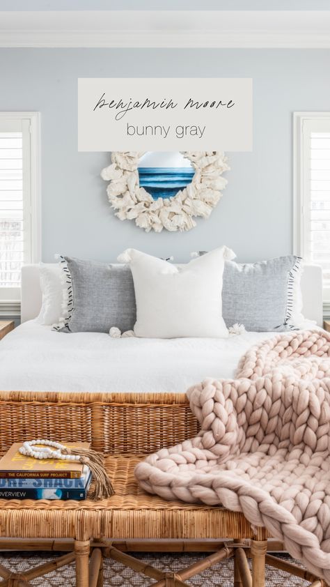 Benjamin Moore's Bunny Gray is a favorite of ours. We can't get enough of this feathery soft blue gray tone! Benjamin Moore Bunny Gray, Beach Style Bedroom, Coastal Interiors Design, Coastal Bedrooms, Coastal Bedroom, Primary Bedroom, Coastal Interiors, Modern Coastal, Rattan Furniture