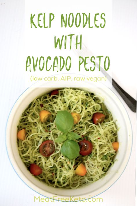 Kelp Noodles With Creamy Avocado Pestto | Meat Free Keto - This low carb raw vegan dish is easy to put together, and so delicious you'll want to lick the blender clean after making it! A few simple ingredients combine to make this gluten free, paleo and AIP friendly entree. Kelp Noodle Recipe, Avocado Pesto Recipe, Vegan Keto Diet Plan, Pesto Dishes, Vegan Ketogenic Diet, Kelp Noodles, Vegan Keto Diet, Vegan Keto Recipes, Avocado Pesto