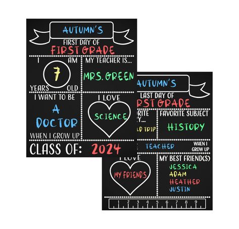 PRICES MAY VARY. Description: This is 1 wood chalkboard sign with headings printed on both sides. First day of school on the front & last day of school on the back. This double-sided board measures 11.5 x 14.5 inches. Cleaning Care & Use: To reuse, gently wipe down with a damp cloth immediately after use to avoid ghosting. This board is reusable and chalk or chalk markers can be used. Chalk design tip: To achieve a more solid, vibrant, smooth design, dip the tip of the chalk in water before use. Milestone Chalkboard, Back To School Sign, Chalk Design, School Chalkboard, Love My Best Friend, Handmade Sign, Chalkboard Sign, Chalk Markers, School Posters