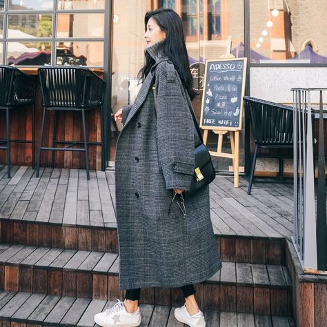 Sienne Double Breasted Plaid Wool Coat | YesStyle Plaid Coat Women, Female Overcoat, Woolen Coat Woman, Long Jackets For Women, Plaid Wool Coat, Fashion Outerwear, Gingham Fashion, Loose Coats, Wool Coat Women