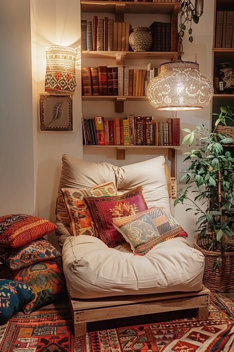 Small Nooks Ideas, Bookshelf Sitting Area, Book Reading Room Ideas, Yoga And Reading Room, Reading Nook Apartment Small Rooms, Narrow Reading Nook, Cozy Yoga Space, Book Nook In Living Room, Cool Bookshelves Small Spaces