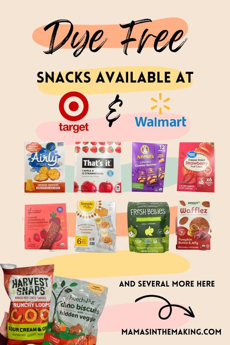 Dye free snacks for kids Dye Free Snacks For Kids, Red Dye Free Foods, Dye Free Snacks, Organic Kids Snacks, Target Snacks, Healthy Snacks For Toddlers, Dye Free Foods, Red Dye 40, Easy Toddler Snacks