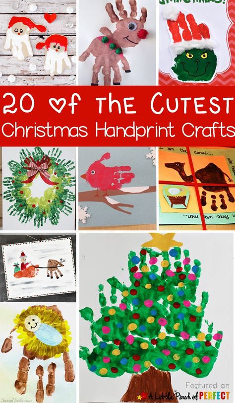 20 of the Cutest Christmas Handprint Crafts for Kids: The ideas include classic Christmas crafts like Santa, Rudolph, a Christmas tree, and The Grinch as well as nativity ideas, and winter animals. Each of these crafts can be turned into an adorable holiday decoration, gift tag, or homemade card Handprint Crafts For Kids, Baby Christmas Crafts, Nativity Ideas, Juleverksted For Barn, Christmas Handprint Crafts, Christmas Handprint, Handprint Christmas, Christmas Crafts For Toddlers, Homemade Card