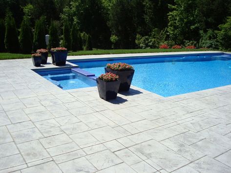 Stamped Concrete Around Pool, Concrete Around Pool, Stamped Concrete Pool, Backyard Concrete, Pool Concrete, Concrete Stamping, Patio Floors, Concrete Backyard, Pool Paving