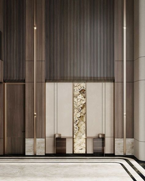 Residential Building Lobby Design, Wood Wall Detail, Residential Lobby Design, Entrance Lobby Design, Lift Lobby Design, Lift Lobby, Elevator Interior, Hotel Lobby Design, Building Entrance