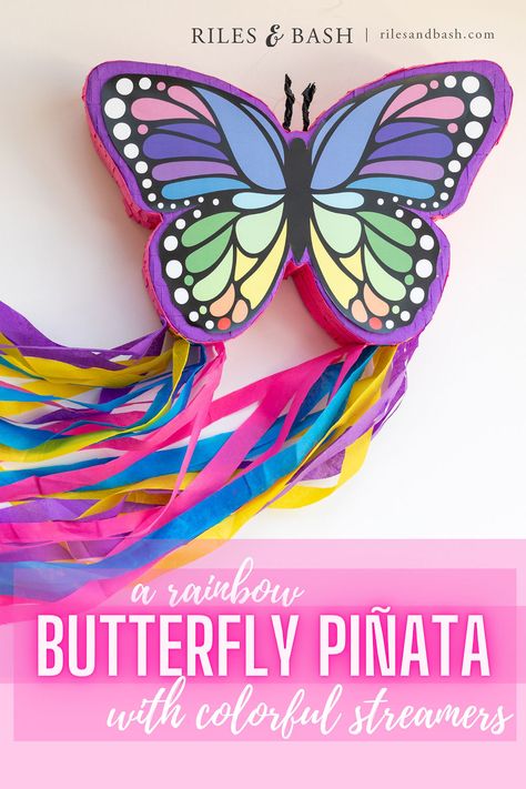 Riles & Bash Rainbow Butterfly Pinata with Colorful Streamers Butterfly Pinata, Paw Template, Easter Butterfly, Link Balloons, Butterfly Garden Party, Enchanted Party, Streamer Backdrop, Butterfly Birthday Party, Diy Pinata