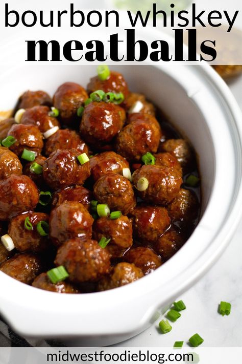 Slow Cooker Bourbon Whiskey BBQ Meatballs | These slow cooker meatballs take just 5 minutes to prep and are the perfect quick and simple appetizer for the holidays, football season or a Saturday night at home with the family! Everyone will be asking for seconds (and the recipe), so you'll definitely want to make a double batch. Thick Soups, Saturday Night At Home, Bourbon Meatballs, Derby Party Food, Kentucky Derby Party Food, Simple Appetizer, Crockpot Appetizers, Bbq Meatballs, Slow Cooker Meatballs