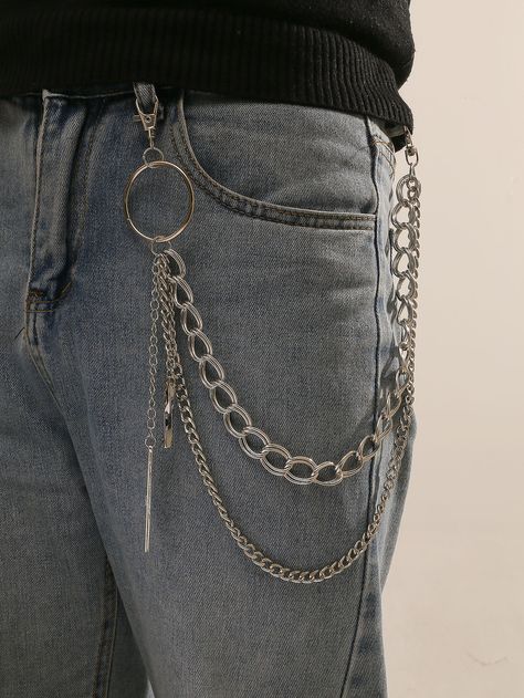 Silver  Collar  Iron   Embellished   Men Accessories Jeans With Chains, Chain Jeans, Chain Pants, Jeans Chain, Pant Chains, Hip Hop Chains, Men Belts, Gothic Accessories, Jean Accessories