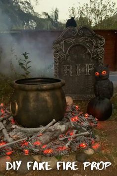 Create a realistic fake fire prop this Halloween with just a few simple supplies! This cool DIY looks just like a real fake fire pit and makes the perfect Halloween decoration or haunted house prop when you add a witches cauldron to it. Spray foam, paint, and orange lights are transformed in this fun DIY Halloween project. Witches Halloween Party Decorations, Witch Cauldron Fire Pit, Haunted House Outside Decor, Hocus Pocus Halloween Yard Decorations, Haunted Outdoor Decorations, Spray Foam Fire Halloween, Halloween Outdoor Haunted House Ideas, Foam Halloween Decor, Dracula Halloween Decorations