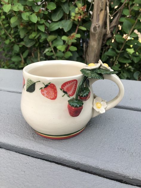 Porcelain Wheel-thrown Strawberry Mug Pottery Strawberry Mug, Pretty Mugs Ceramic, Unique Thrown Pottery, Mug Wheel Thrown, Cute Ceramics Mug, Strawberry Mug Pottery, Pottery Painting Cups Design, Cute Mug Handles, Wheel Clay Ideas