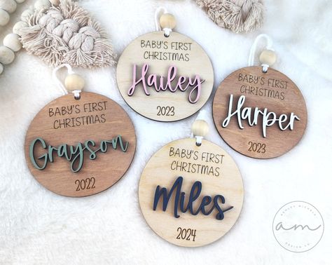 Vinyl Ornaments, Engraving Ideas, 3d Lettering, Baby Name Signs, Baby First Christmas Ornament, Baby Ornaments, Baby's First Christmas, Baby Keepsake, First Christmas Ornament