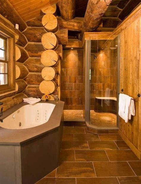 Log cabin bathroom. Yes, this would be in my cabin. Log Home Bathrooms, Log Cabin Bathrooms, Log Home Bathroom, Log Cabin Bathroom, Log Cabin Interior Design, Rustic Log Home, Cabin Interior Design, Cabin Bathroom, Log Cabin Interior