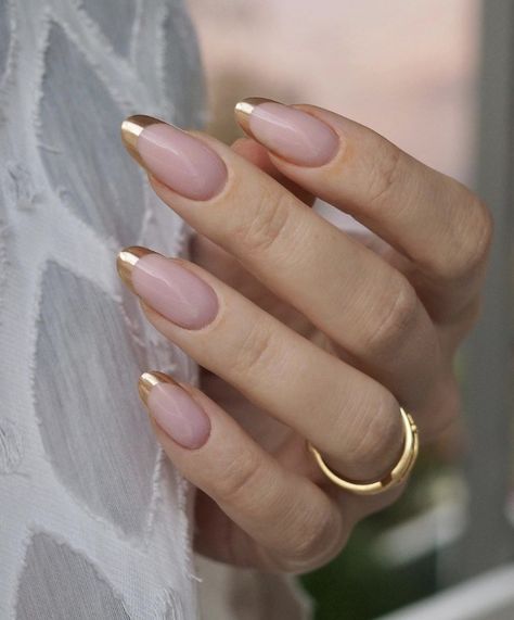 Dip Powder Nails French Tip Gold, French Tips Chrome Nails, Gold French Manicure Nails, French Dip Wedding Nails, Gold Tipped French Manicure, Gold Tips Nails Acrylic, Chrome Over French Nails, French Manicure Gold Tips, Bronze Tip Nails