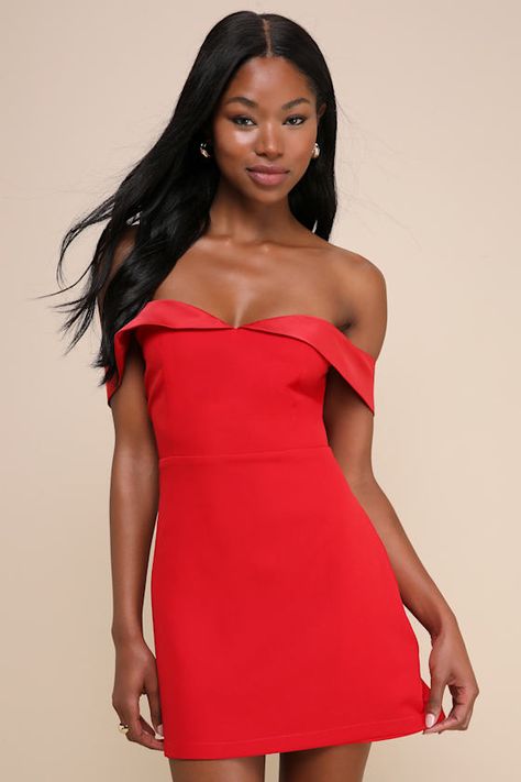 Truly Enticing Red Off-the-Shoulder Mini Dress Off The Shoulder Red Homecoming Dress, Short Formal Dresses Winter, Red Off The Shoulder Mini Dress, Red Winter Formal Dress, Deep Red Homecoming Dress, Off The Shoulder Hoco Dress Short, Semi Formal Dresses Classy, Home Coming Dresses 2024 Red, Winter Formal Dresses Mini