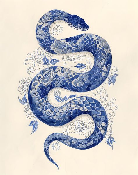 Minimalist delicate snake and flowers illustration Blue and white porcelain oriental tattoo sketch | Premium AI-generated image Blue And White Porcelain Tattoo, Porcelain Style Tattoo, Blue Tattoos On Brown Skin, Porcelain Tattoo Blue, Blue Snake Tattoo, Blue Porcelain Tattoo, Porcelain Tattoo, Chinese Porcelain Pattern, Blue Tattoos