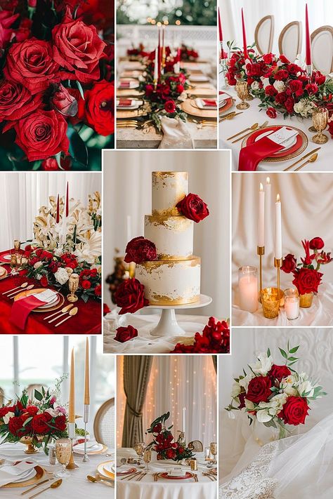 Red and gold wedding color palette with bold floral decor. Red Gold And Cream Wedding, Deep Red And Green Wedding, Red White Gold Wedding, Gold And Red Wedding Theme, Wedding Red Theme, Wedding Themes Red, Red Wedding Theme Romantic, Red Wedding Color Palette, Red And Gold Wedding Theme