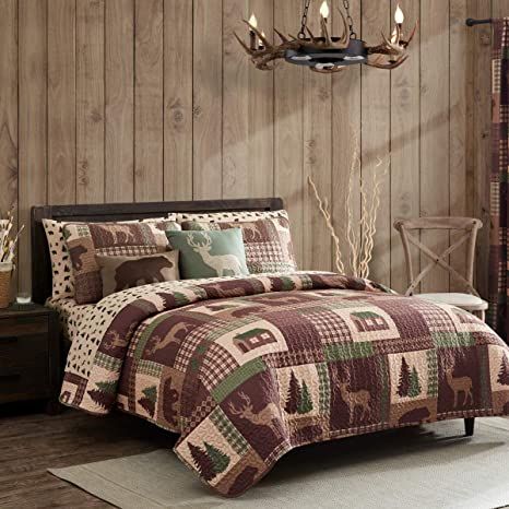 Twin Quilt 2 Piece Set Rustic Cabin Lodge Deer and Bear Coverlet Bedspread Moose Quilt, Cozy Sheets, Red Chestnut, Black Forest Decor, Microfiber Bed Sheets, Forest Grove, Rustic Bedding, Twin Comforter, Bed In A Bag