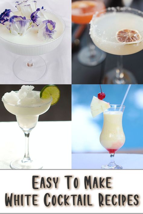 White Cocktails White Drinks Alcohol, White Mixed Drinks, White Russian Cocktail Recipes, White Alcoholic Drinks For A Party, White Cocktails Recipes, Clear Cocktail Recipes, White Alcoholic Drinks, Winter Cocktails Recipes Easy, White Drinks Cocktails