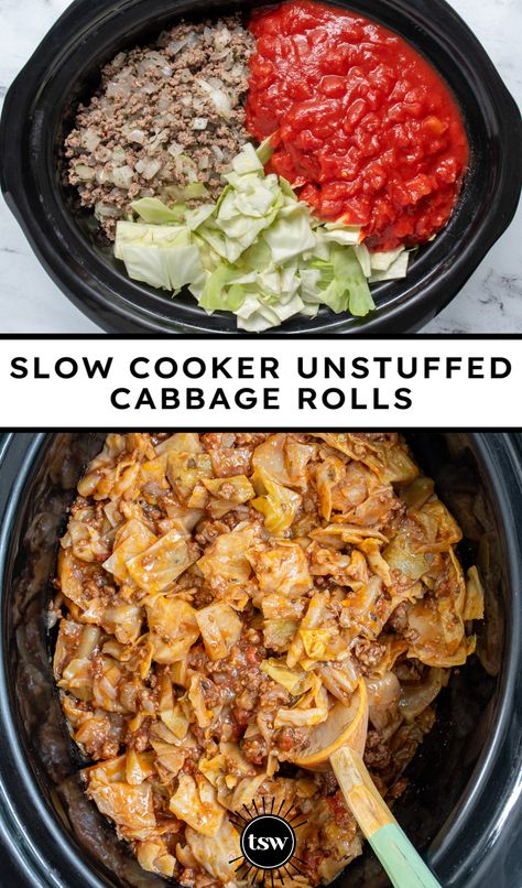 Easy Crockpot Unstuffed Cabbage Rolls - The Schmidty Wife Ground Beef Cabbage Crockpot Recipes, Cabbage Sausage Recipes Crockpot, Easy Healthy Crock Pot Dinner, Stuffed Cabbage Crockpot, Cabbage Casserole Crockpot, Crockpot Unstuffed Cabbage, Beef Crockpot Recipes Healthy, Air Fryer Dinners, Cabbage Soup Crockpot