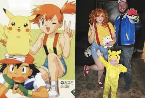 Family Pokémon Halloween costume. Ash, Misty & Pikachu Misty Pokemon Costume Makeup, Family Custom Ideas, Pokemon Halloween Costume Diy, Family Costume Pokemon, Dragon Ball Z Family Costume, Family Anime Costumes, Family Cosplay Ideas Anime, Family Pokemon Costumes Halloween, Anime Family Costumes