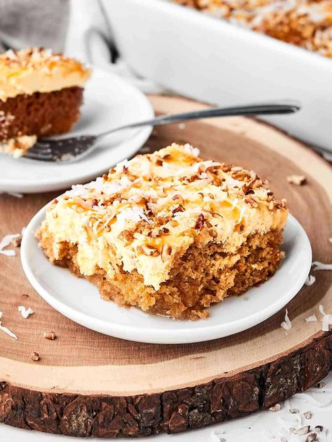 Cake Recipe Using Box Cake, Carrot Poke Cake Recipe, Recipe Using Box Cake, Cheesecake Cool Whip, Homemade Caramel Cheesecake, Carrot Poke Cake, Recipe Carrot Cake, Whip Frosting, Caramel Pecans