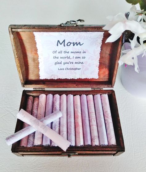 "The Mom Scroll Box - 36 sweet quotes about moms are rolled into scrolls and placed in a beautiful keepsake jewelry box! Start her days with a sweet reminder of how wonderful she is! Examples of 36 Mom Quotes Include: \"Home is where my mom is.\" ~ Brittany Murphy \"I love my mother as the trees love water and sunshine - she helps me grow, prosper, and reach great heights.\" ~ Terri Guillemets \"I got to grow up with a mother who taught me to believe in me.\" ~ Antonio Villaraigosa This is a gif Quotes About Moms, I Love My Mother, Christmas Gifts For Mum, Brittany Murphy, Mom Christmas, Personalized Gifts For Mom, Sweet Quotes, Wood Jewelry Box, Mothersday Gifts