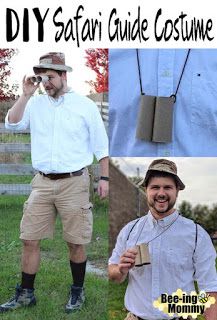 DIY easy Safari guide Halloween costume Mens Zoo Keeper Costume, Safari Day Spirit Week, Safari Halloween Costume Family, Diy Zookeeper Costume, Safari Dress Up Day At School, Diy Zoo Keeper Costume, Diy Safari Costume, Jungle Theme Costume, Safari Guide Costume