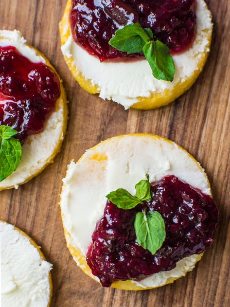 Polenta Crisps with Cherry Puree and Mascarpone Cherry Puree Recipe, Inspiring Kitchens, Charcuterie Inspiration, Mascarpone Cheese, Little Kitchen, Polenta, Caprese Salad, Gluten Free Vegetarian, Bruschetta