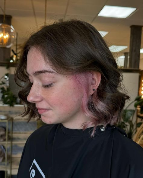 pops of pink💗 we love a little peekaboo highlight! how do you feel about getting little pops of color? Comment below👇��🏻 #hairstylist #pinkhairgoals #boonenc #appstate #peekaboo Short Hair Pink Peekaboo, Peekaboo Placement, Pink Peek A Boo Hair, Short Peekaboo Hair, Brown Hair With Pink Underneath, Peekaboo Hair Dye, Peekaboo Pink Hair, Pink Highlights Hair, Peekaboo Bob