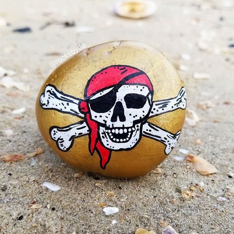 Pirate Ship Painting, Pirate Rock, Pirate Skull And Crossbones, Stones Art, Ahoy Matey, Rock Hand, Monday Mood, Skull Crossbones, Painted Rocks Diy