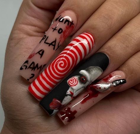 Hollween Costumes Ideas Nails, Halloween Nail Designs Scary, Long Cute Nails Ideas, Saw Nail Designs, Halloween Characters Nails, Extreme Halloween Nails, Saw Nail Art, Jig Saw Nails, Horror Nail Ideas