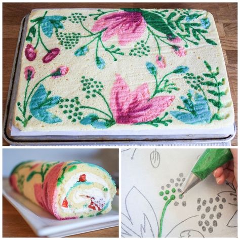 Patterned Roll Cake, Decorating A Cake, Swiss Roll Cakes, Strawberry Roll Cake, Swiss Roll Cake, Cake Roll Recipes, Cake Delicious, Recipe Tutorial, Patterned Cake