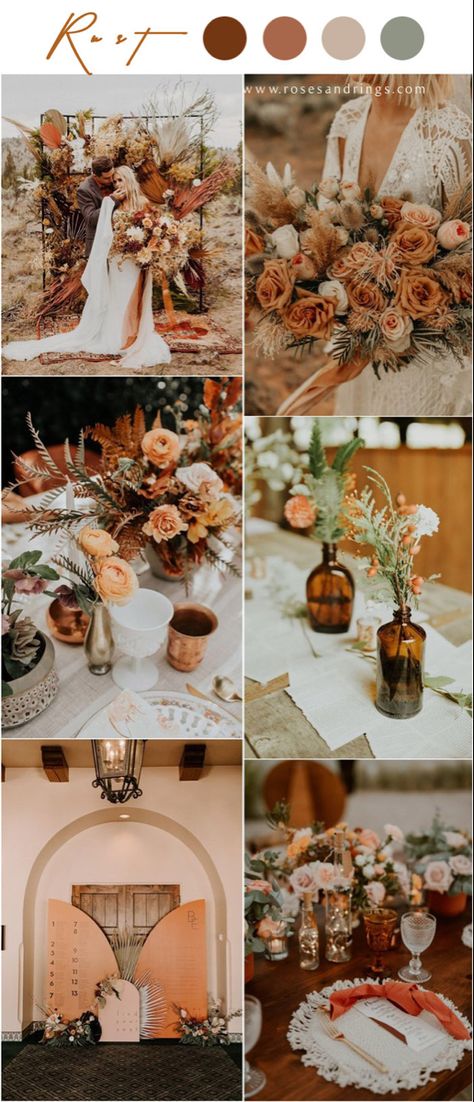 Rustic wedding colour scheme rust boho Colors For Fall Wedding, Wedding Colors For Fall, Orange Wedding Themes, Orange Wedding Colors, Rust Wedding, Fall Wedding Color Schemes, Rusting Wedding, Burnt Orange Weddings, Wedding Color Trends